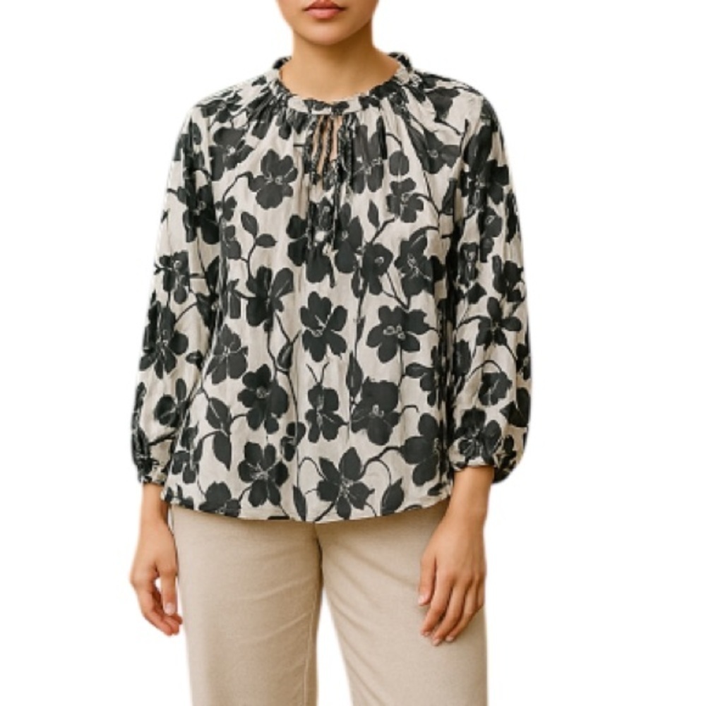 HAVER. London NWOT Plisse Floral Top Ruffled Keyhole Tied Neck Long Sleeve 2X